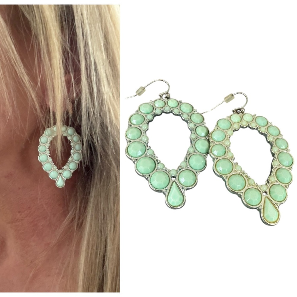Etsy Aqua Stone Mint Green Silver Drop Hoop Earrings 2” Western Statemen…